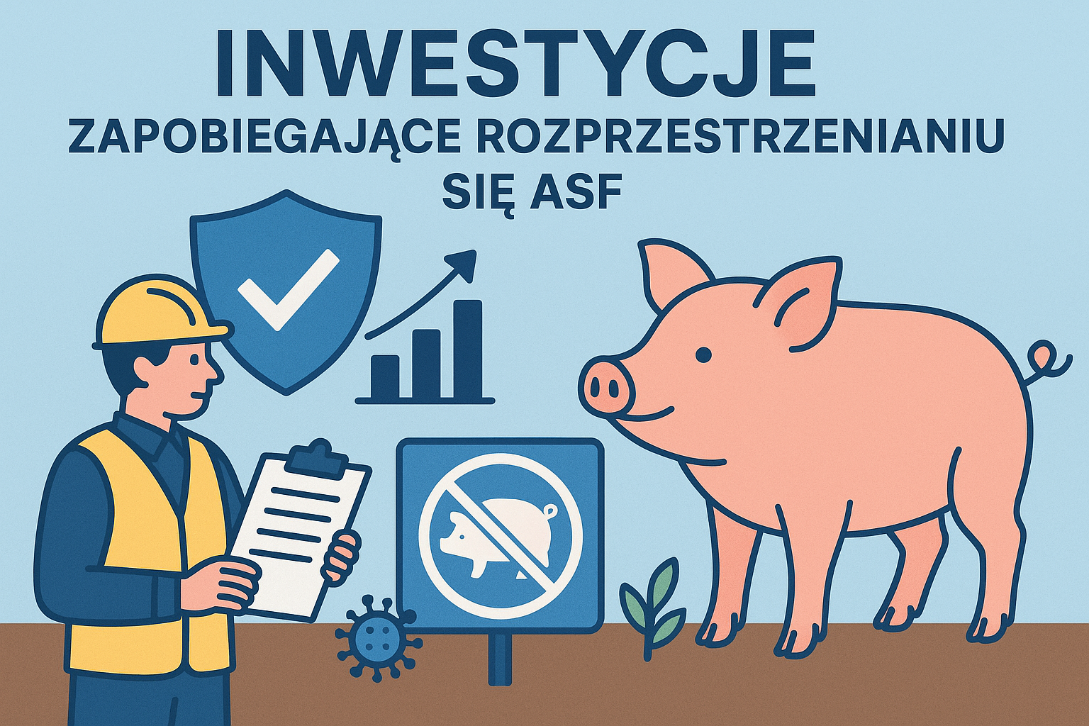 Zdjęcie przedstawia człowieka w odzieży BHP oraz rysunek świni