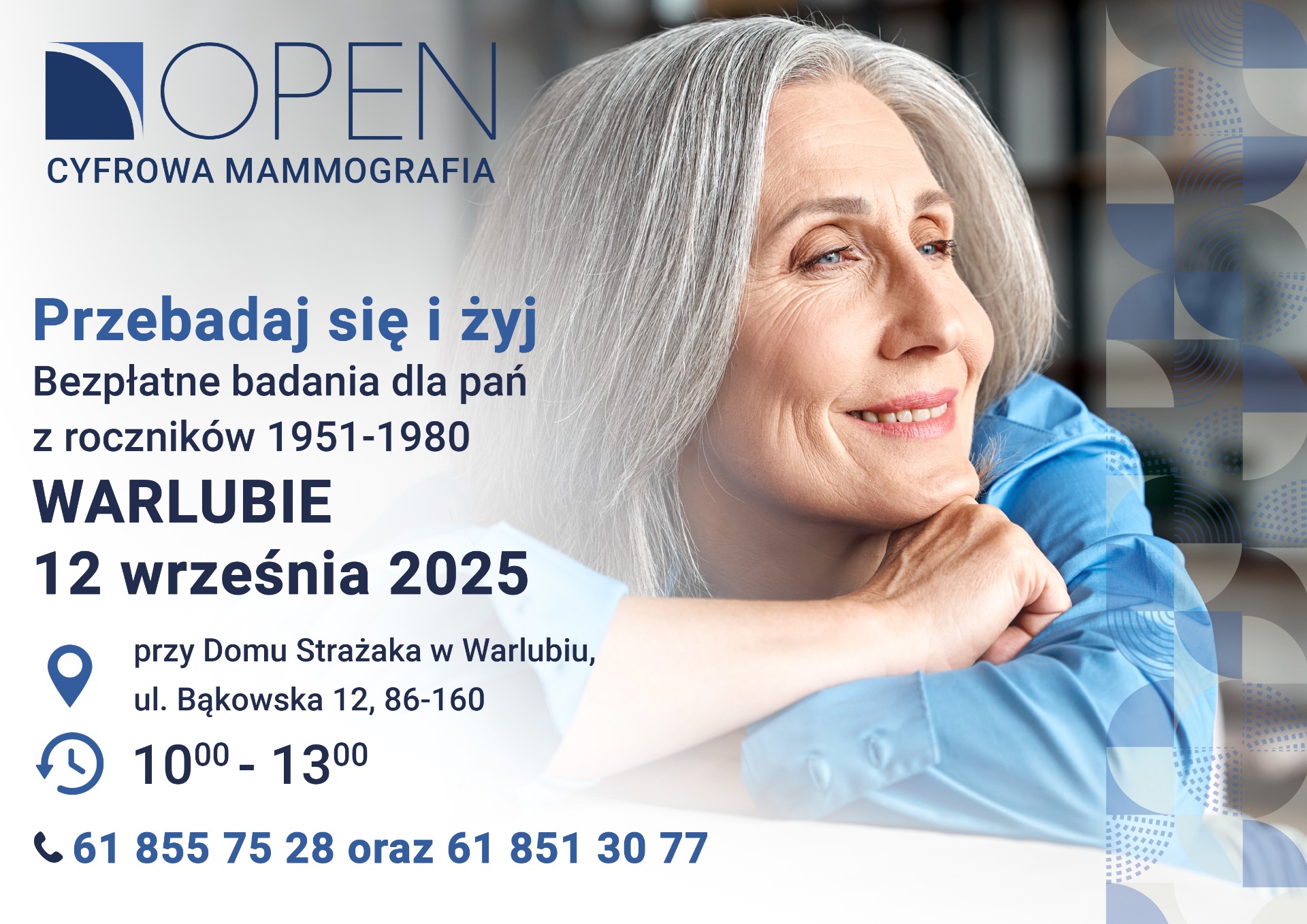 Zdjęcie przedstawia starszą kobietą i dane dotyczące godzin i terminu wydarzenia