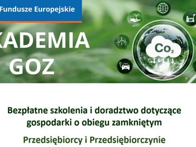 Zdjęcie przedstawia infografikę projektu i duży napis Akademia GOZ