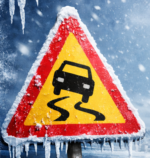 Zamarźnięty znak ostrzegający przed poślizgiem