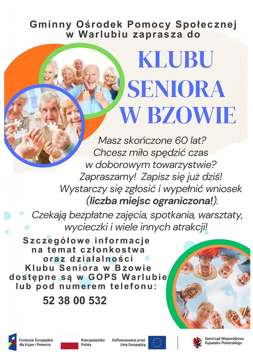 Gminny Ośrodek Pomocy Społecznej w Warlubiu zaprasza chętnych do Klubów Seniora w Bzowie i w Rulewie 