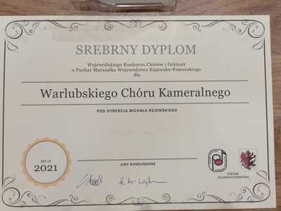 GRATULACJE dla Warlubskiego Chóru Kameralnego, zdjęcie dyplomu