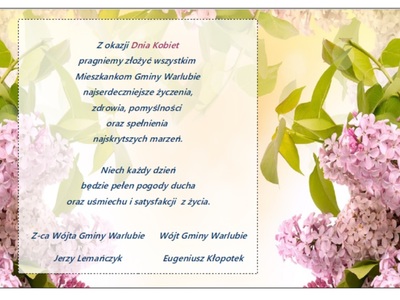 Kartka z życzeniami z okazji Dnia Kobiet, kwiaty i  życzenia
