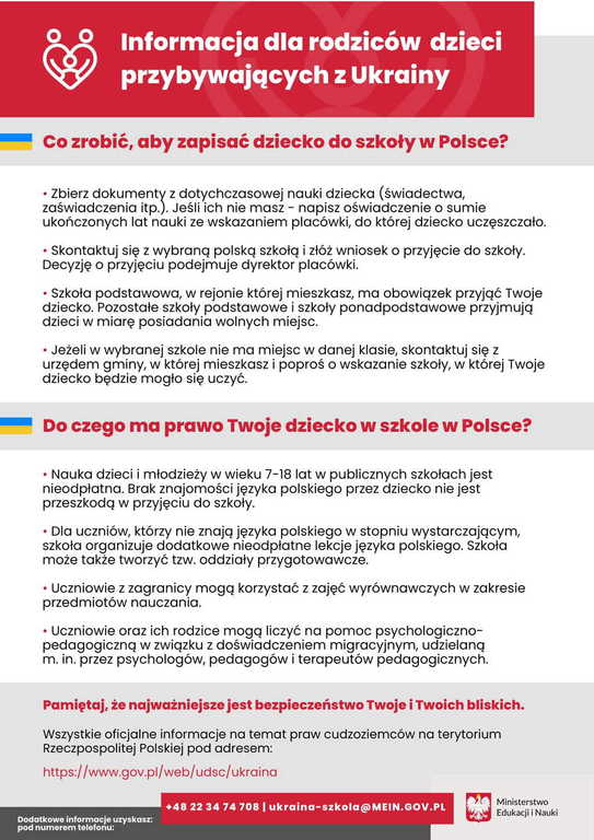 Treść załącznika: Informacja dla rodziców dzieci przybywających z Ukrainy (język polski)