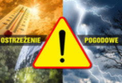 Obrazek - ostrzeżenie meteorologiczne, żółty znak ostrzegawczy na tle różnych zjawisk atmosferycznych