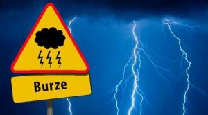 Obrazek - burze, żółty znak ostrzegający przed burzami, na tle nieba z kilkoma silnymi piorunami