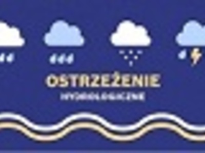 Obrazek - napis ostrzeżenie hydrologiczne, u góry rysunki chmur deszczowych, burzowych i śnieżnych