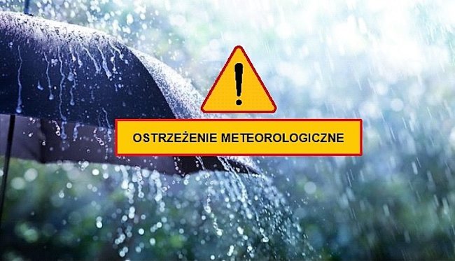 Obrazek - ostrzeżenie meteorologiczne, żółty znak ostrzegawczy, na tle parasola, pada mocny deszcz
