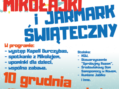 Plakat zaproszenie na Mikołajki i Jarmark Świąteczny, 10 grudnia godzina 10:00-13:00, skwer centralny przy ulicy Dworcowej w Warlubiu