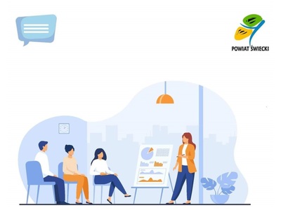 baner, w prawym górnym rogu logotyp powiatu świeckiego, rysunkowe postacie uczestniczą w szkoleniu