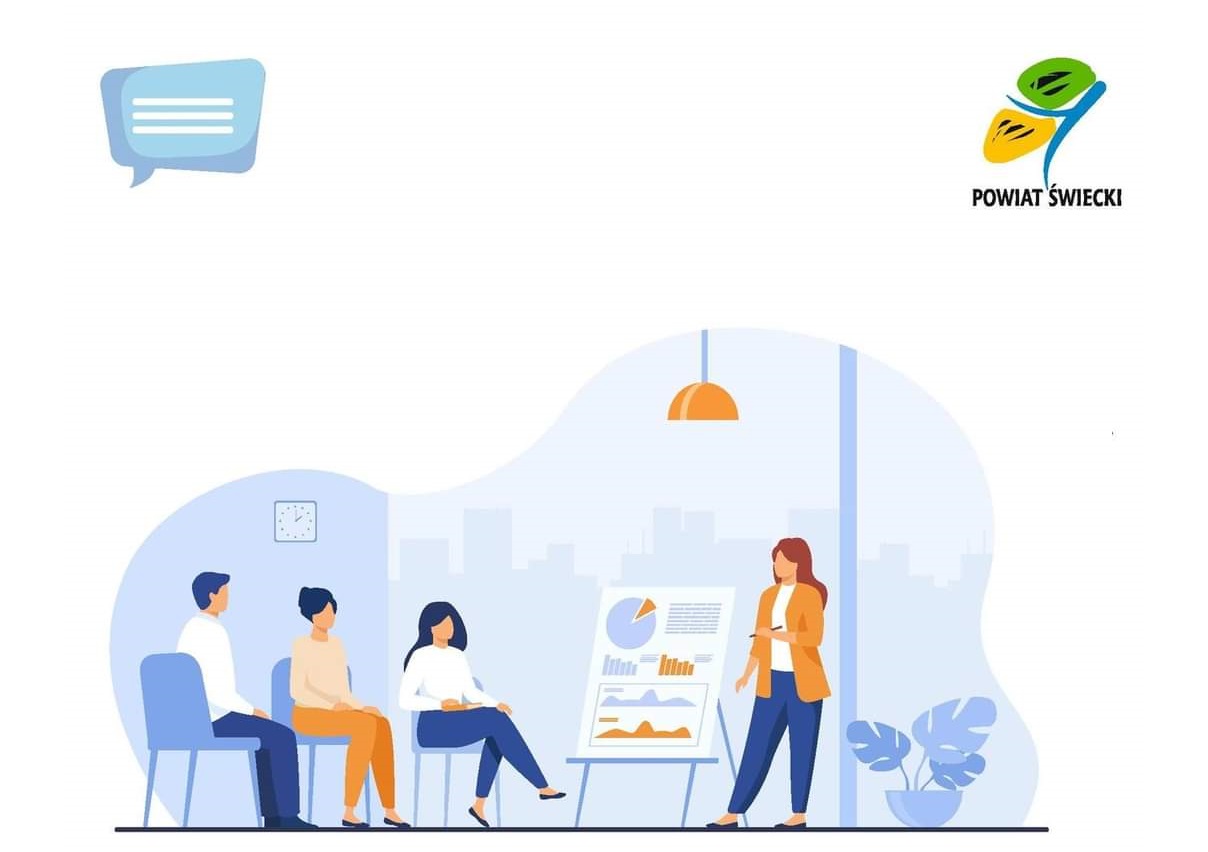 baner, w prawym górnym rogu logotyp powiatu świeckiego, rysunkowe postacie uczestniczą w szkoleniu
