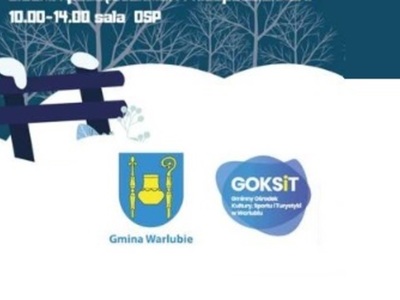 baner, herb gminy Warlubie oraz logotyp GOKSiT na śnieżnym tle