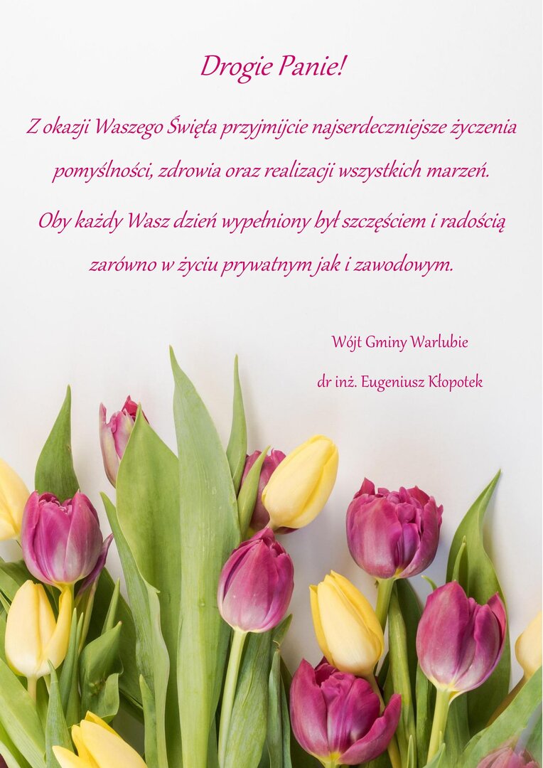 Tulipany oraz życzenia z okazji Dnia Kobiet
