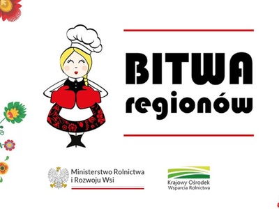 „Bitwa Regionów” - konkurs dla Kół Gospodyń Wiejskich logotyp, rysunek kucharki w czerwonych rękawicach bokserskich, po bokach kwiaty, motywy ludowe