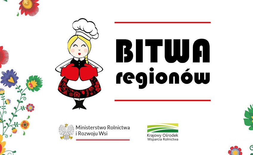 „Bitwa Regionów” - konkurs dla Kół Gospodyń Wiejskich logotyp, rysunek kucharki w czerwonych rękawicach bokserskich, po bokach kwiaty, motywy ludowe