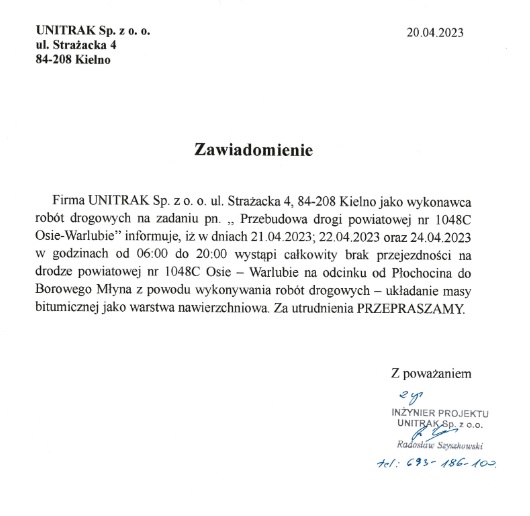 Skan zawiadomienia firmy UNITRAK o czasowej nieprzejezdności drogi