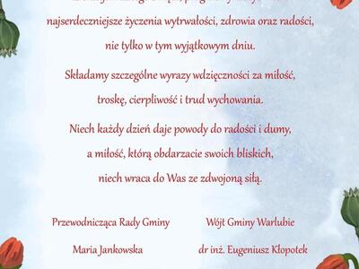 życzenia z okazji Dnia Matki w formacie graficznym, błękitne tło, na dole i u góry duże czerwone maki