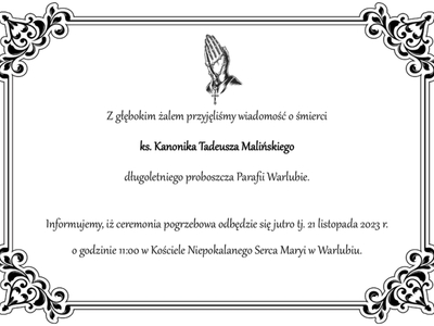 Informacja o śmierci długoletniego proboszcza Parafii Warlubie