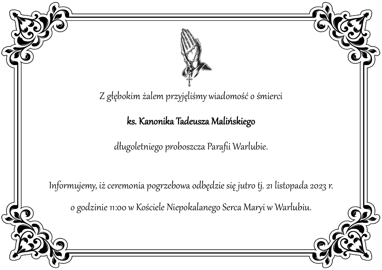 Informacja o śmierci długoletniego proboszcza Parafii Warlubie