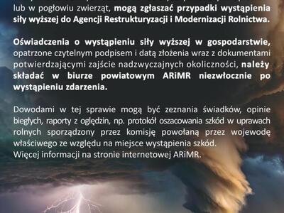 Plakat informujący rolników o zgłaszaniu siły wyższej do ARiMR po klęskach żywiołowych w gospodarstwie.