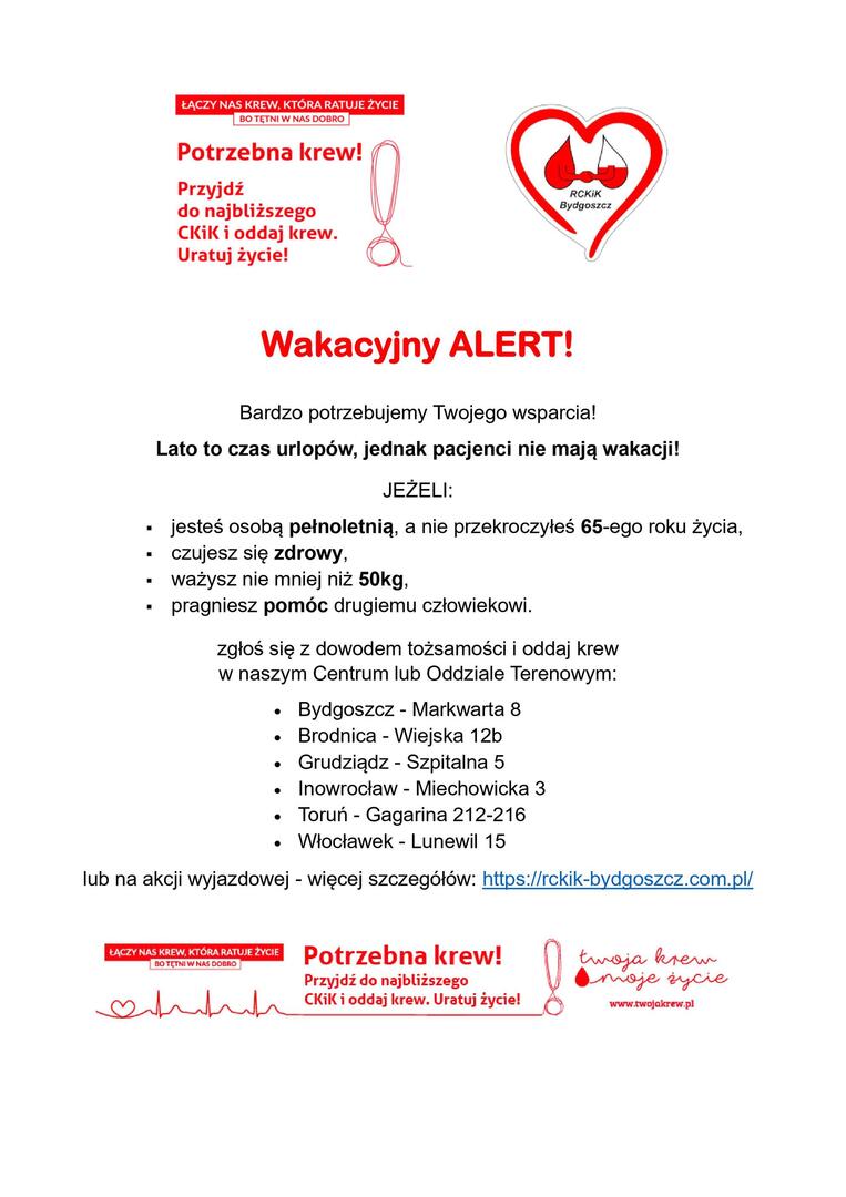 Plakat informujący o wakacyjnym apelu o oddawanie krwi; warunki dla dawców, adresy punktów krwiodawstwa i link do strony RCKiK Bydgoszcz