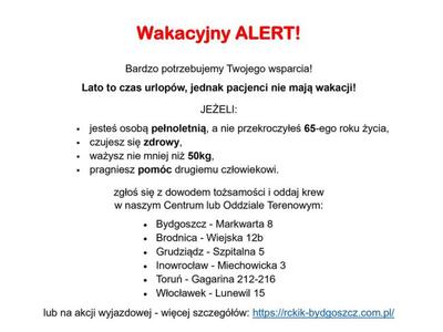 Plakat informujący o wakacyjnym apelu o oddawanie krwi; warunki dla dawców, adresy punktów krwiodawstwa i link do strony RCKiK Bydgoszcz