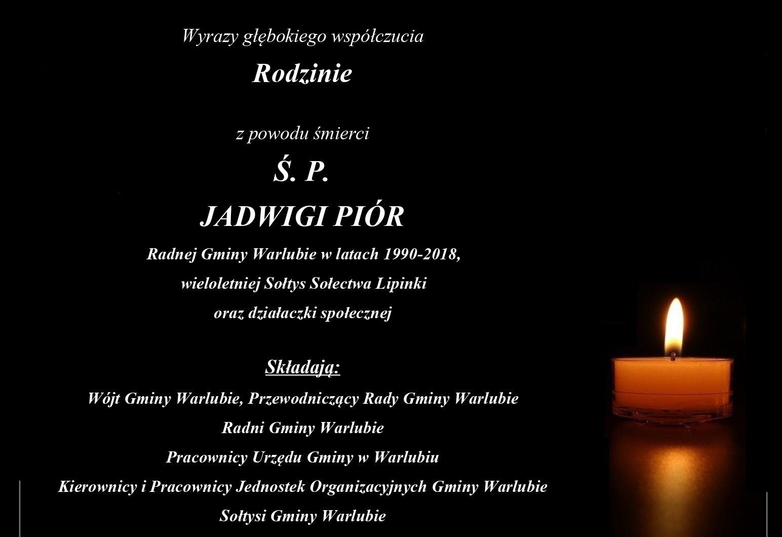 Znicz i tekst kondolencyjny upamiętniający śp. Jadwigę Piór, wieloletnią radną i sołtys Sołectwa Lipinki