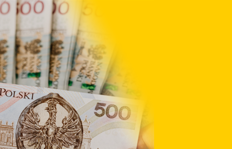 Zdjęcie kilku banknotów 500 złotych częściowo zakrytych żółtym gradientem po prawej stronie.