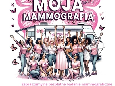 Plakat o bezpłatnych badaniach mammograficznych, z kobietami w różowym przed mammobusem i datą wydarzenia: 24.09.2024 w Warlubiu
