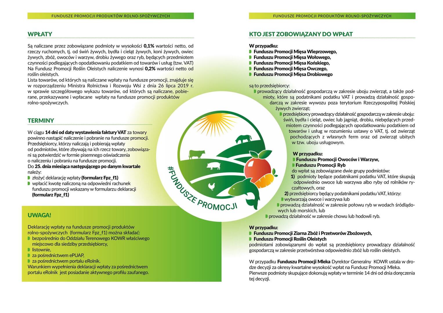 Ulotka o Funduszach Promocji z zasadami wpłat i deklaracji, ilustrowana grafiką zwierząt, owoców, warzyw i ryb oraz logo funduszy.