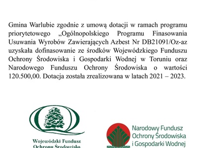 Informacja o dotacji dla Gminy Warlubie na usuwanie azbestu z logotypami WFOŚiGW i NFOŚiGW