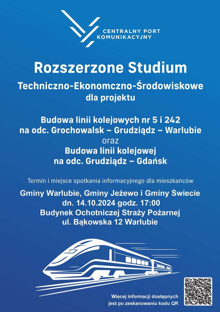 Plakat o spotkaniu ws. budowy linii kolejowych CPK 14.10.2024, godz. 17:00, OSP Warlubie, ul. Bąkowska 12