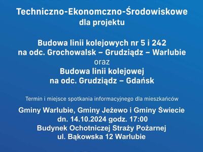 Plakat o spotkaniu ws. budowy linii kolejowych CPK 14.10.2024, godz. 17:00, OSP Warlubie, ul. Bąkowska 12