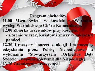 Plan obchodów Święta Niepodległości 11 listopada 2024 roku w Warlubiu z koncertem, mszą i składaniem kwiatów.