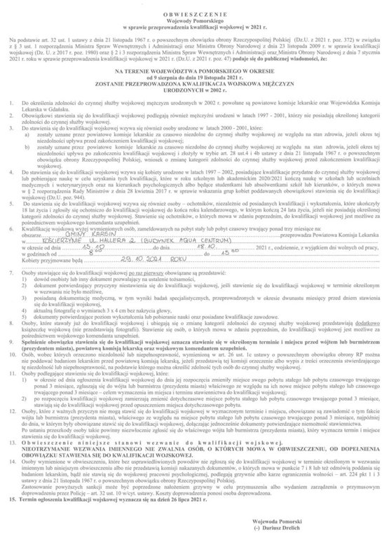 Obwieszczenie Wojewody Pomorskiego w sprawie przeprowadzenia kwalifikacji wojskowej w 2021 r.