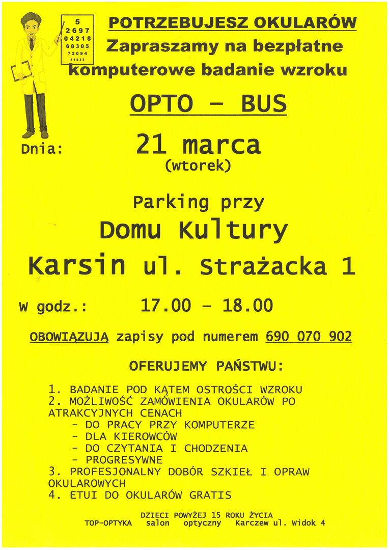 Plakat z informacją na temat bezpłatnego badania wzroku w Karsinie 21 marca 2023 r.