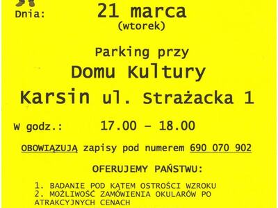Plakat z informacją na temat bezpłatnego badania wzroku w Karsinie 21 marca 2023 r.