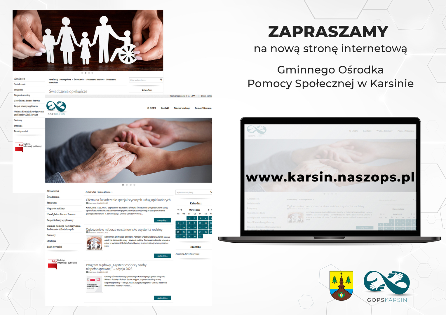 Zdjęcie z informacją o nowej stronie Gminnego Ośrodka Pomocy Społecznej w Karsinie 