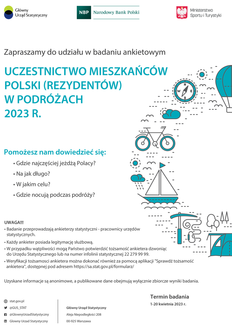 Plakat o ankiecie GUS - Uczestnictwo mieszkańców Polski w podróżach 2023 r.