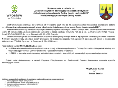 Sprawozdanie z zadania "Usuwanie wyrobów zawierających azbest z budynków zlokalizowanych na terenie Gminy Karsin - edycja 2021"