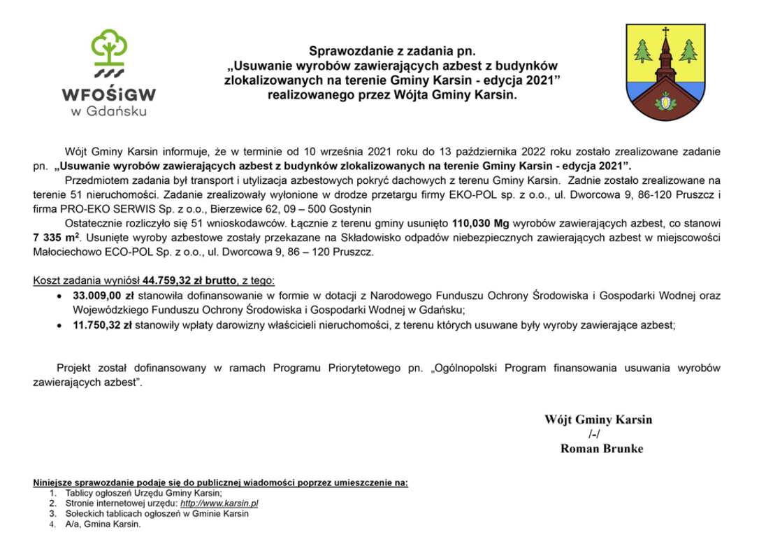 Sprawozdanie z zadania "Usuwanie wyrobów zawierających azbest z budynków zlokalizowanych na terenie Gminy Karsin - edycja 2021"