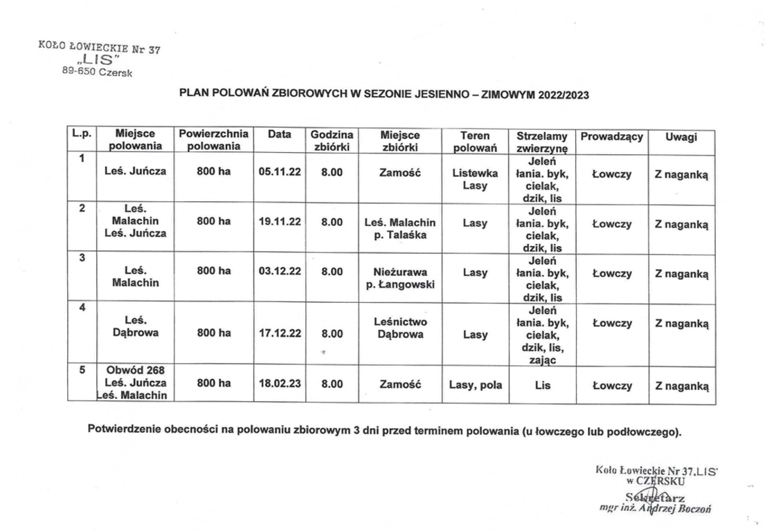 Plan polowań zbiorowych - koło łowieckie Lis