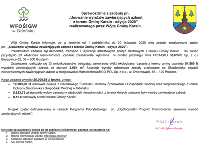 Sprawozdanie z zadania pn. „Usuwanie wyrobów zawierających azbest z terenu Gminy Karsin - edycja 2020"