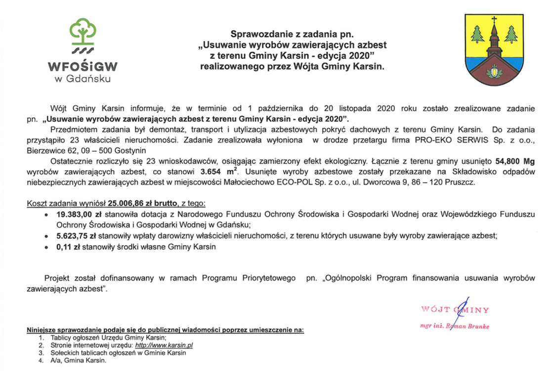 Sprawozdanie z zadania pn. „Usuwanie wyrobów zawierających azbest z terenu Gminy Karsin - edycja 2020"