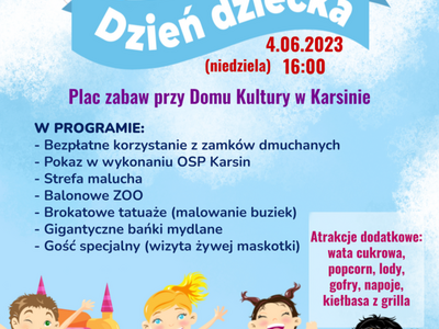 Plakat z informacją o Dniu Dziecka w Domu Kultury w Karsinie