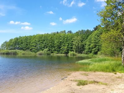 Zdjęcie przedstawia plażę piaskową przy Jeziorze w Pękaninie.