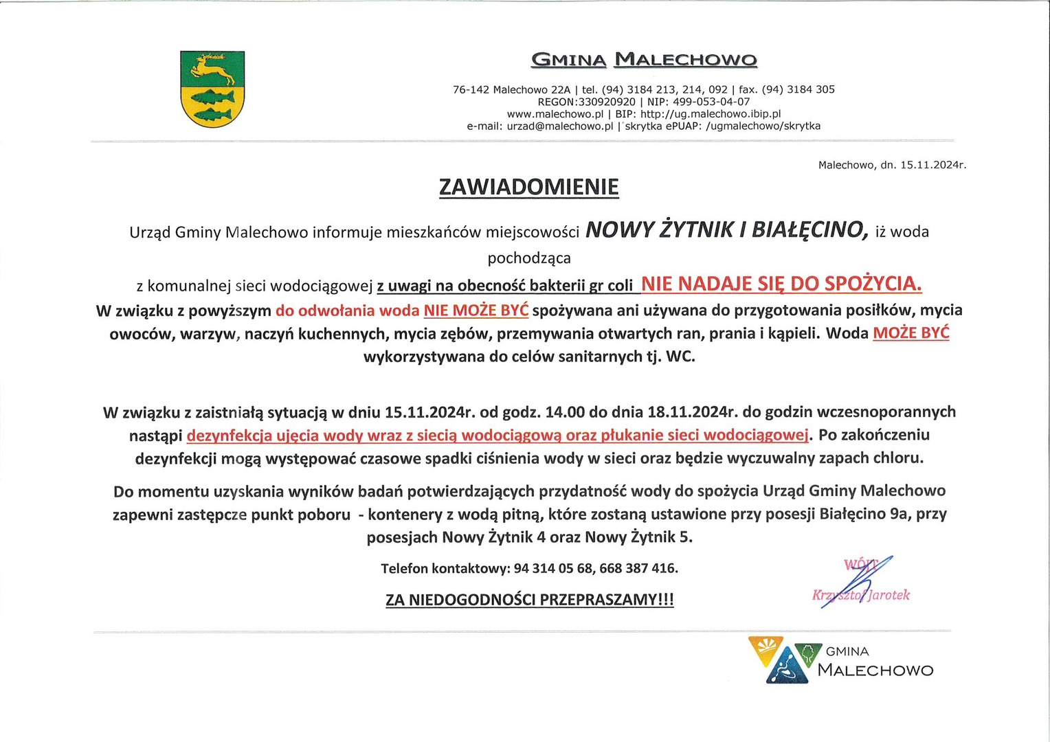 Zawiadomienie o Bakteriach coli w wodzie