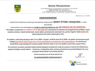 Zawiadomienie o Bakteriach coli w wodzie