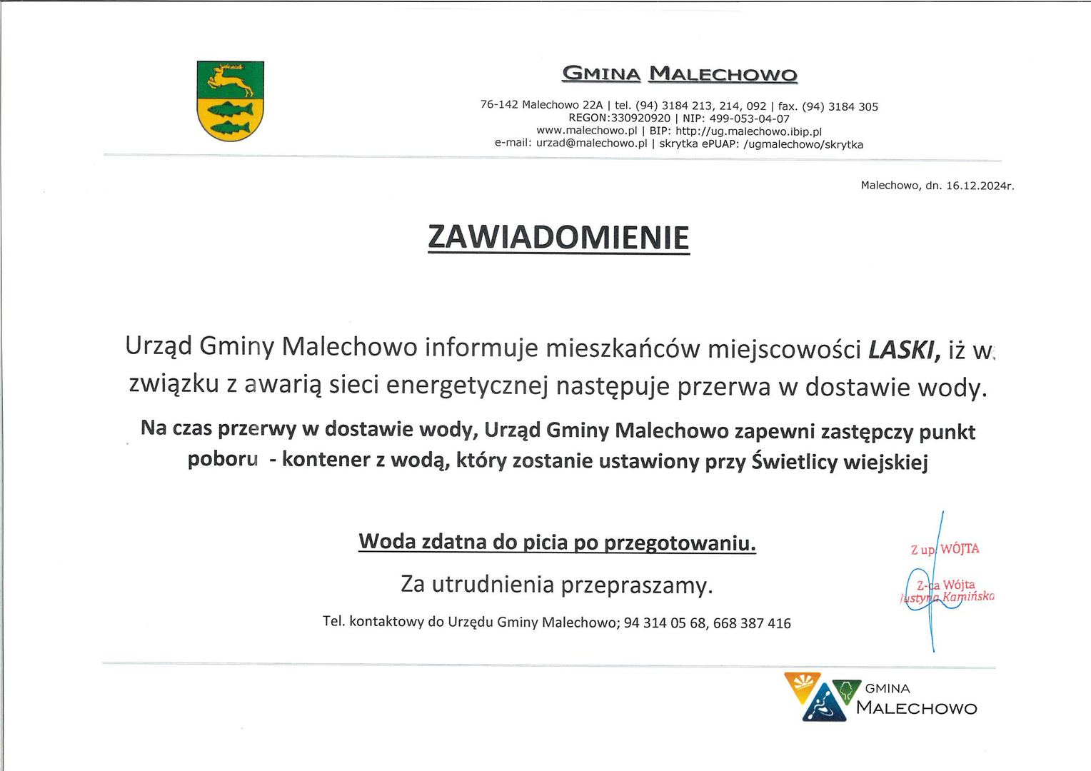Zawiadomienie o przerwie w dostawie wody.