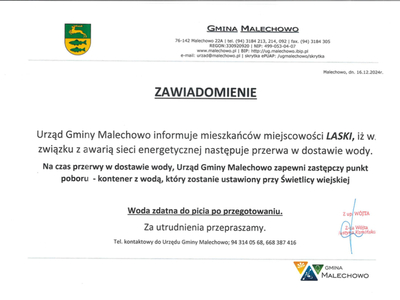 Zawiadomienie o przerwie w dostawie wody.